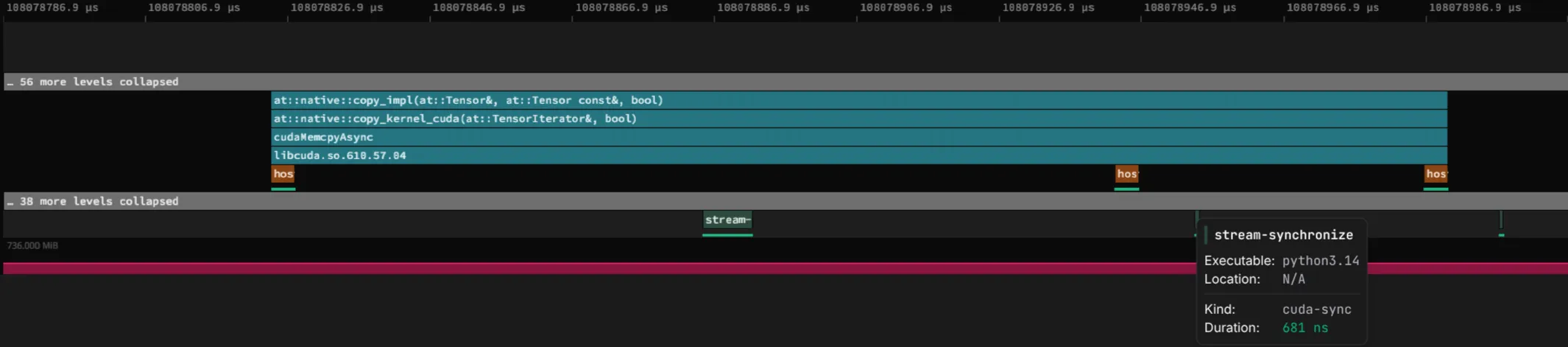 Zymtrace GPU timeline zoomed to the start of a batch: three cudaMemcpyAsync spans with their launch stack and a stream-synchronize on the sync lane after each