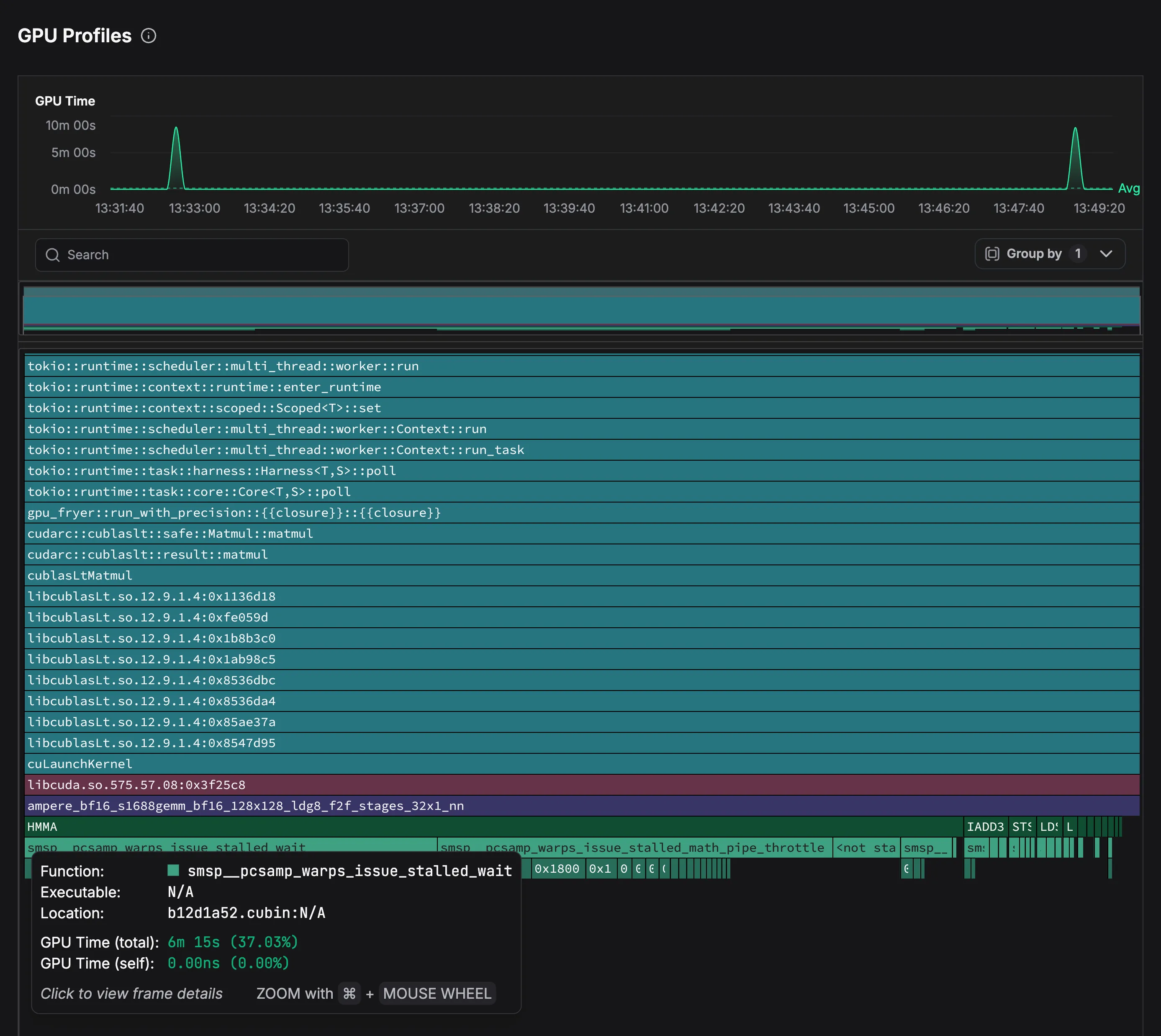 GPU flamegraph showing detailed kernel execution analysis for gpu-fryer process
