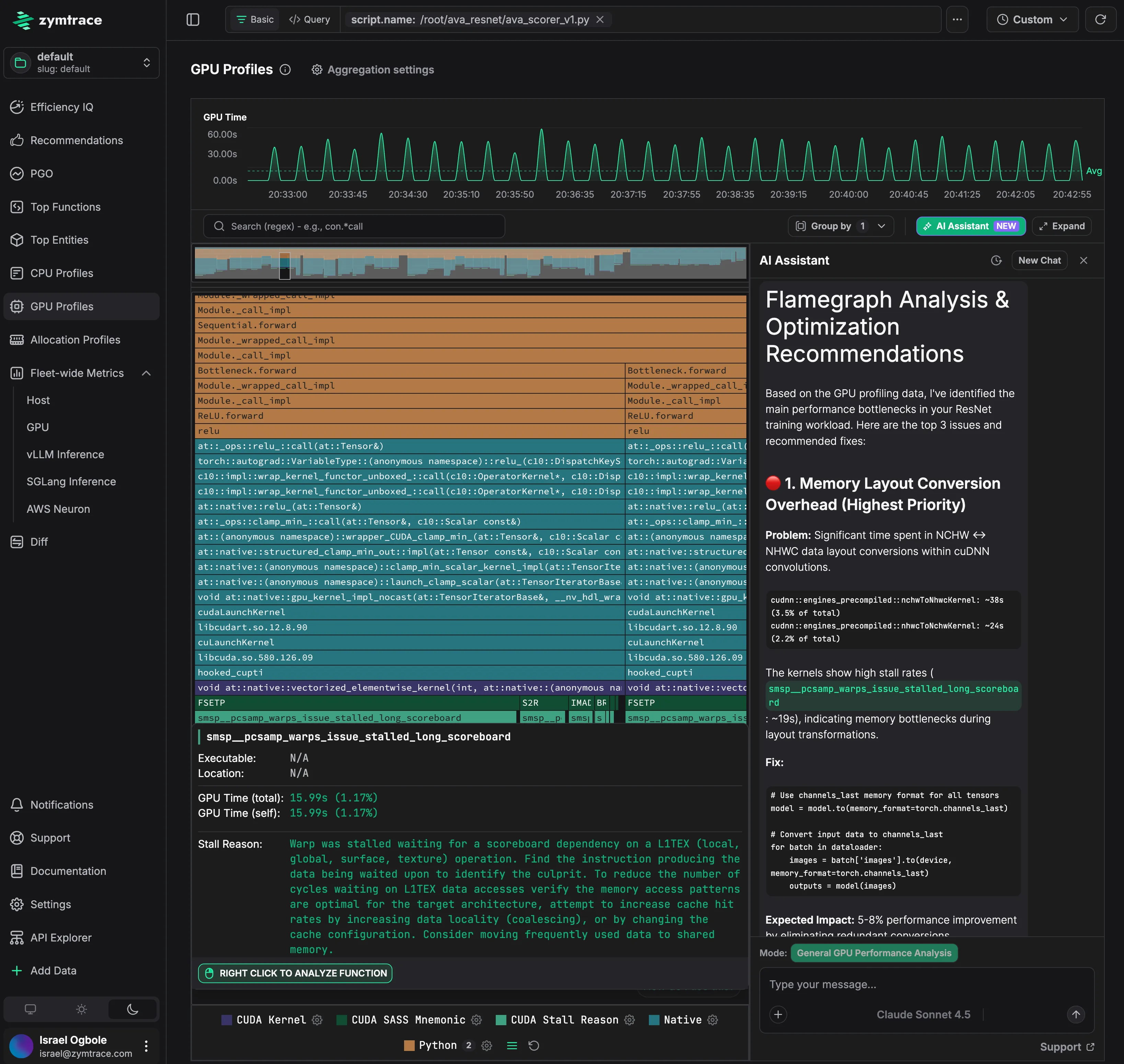 zymtrace GPU Profiles with AI Assistant surfacing flamegraph analysis and optimization recommendations