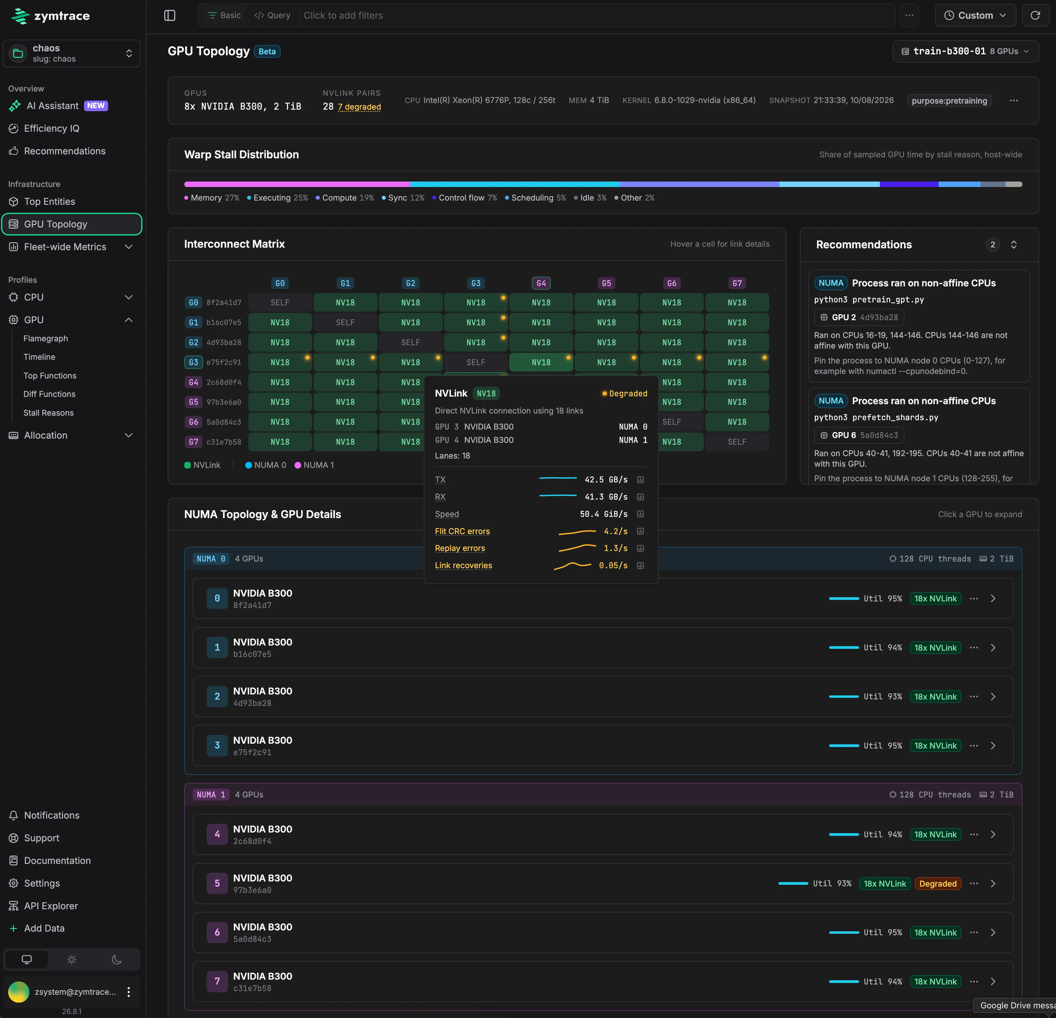 Zymtrace GPU topology health on an 8x NVIDIA B300 topology