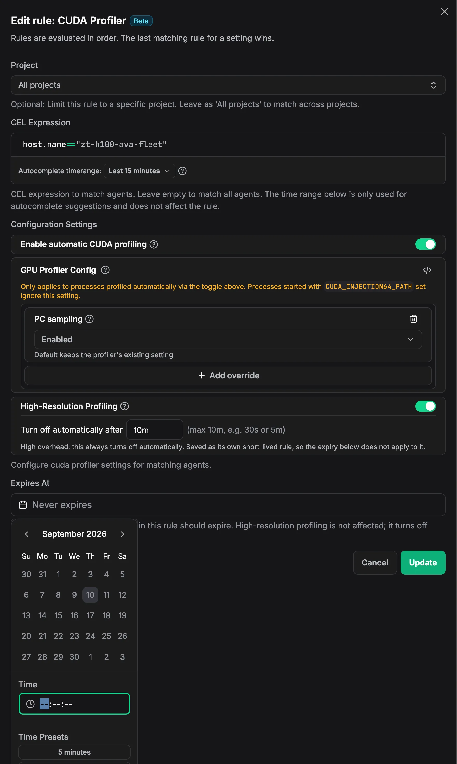 Zymtrace CUDA profiler rule dialog with a CEL expression scoping the rule to one host, the high-resolution profiling toggle enabled, and an automatic turn-off after 10 minutes