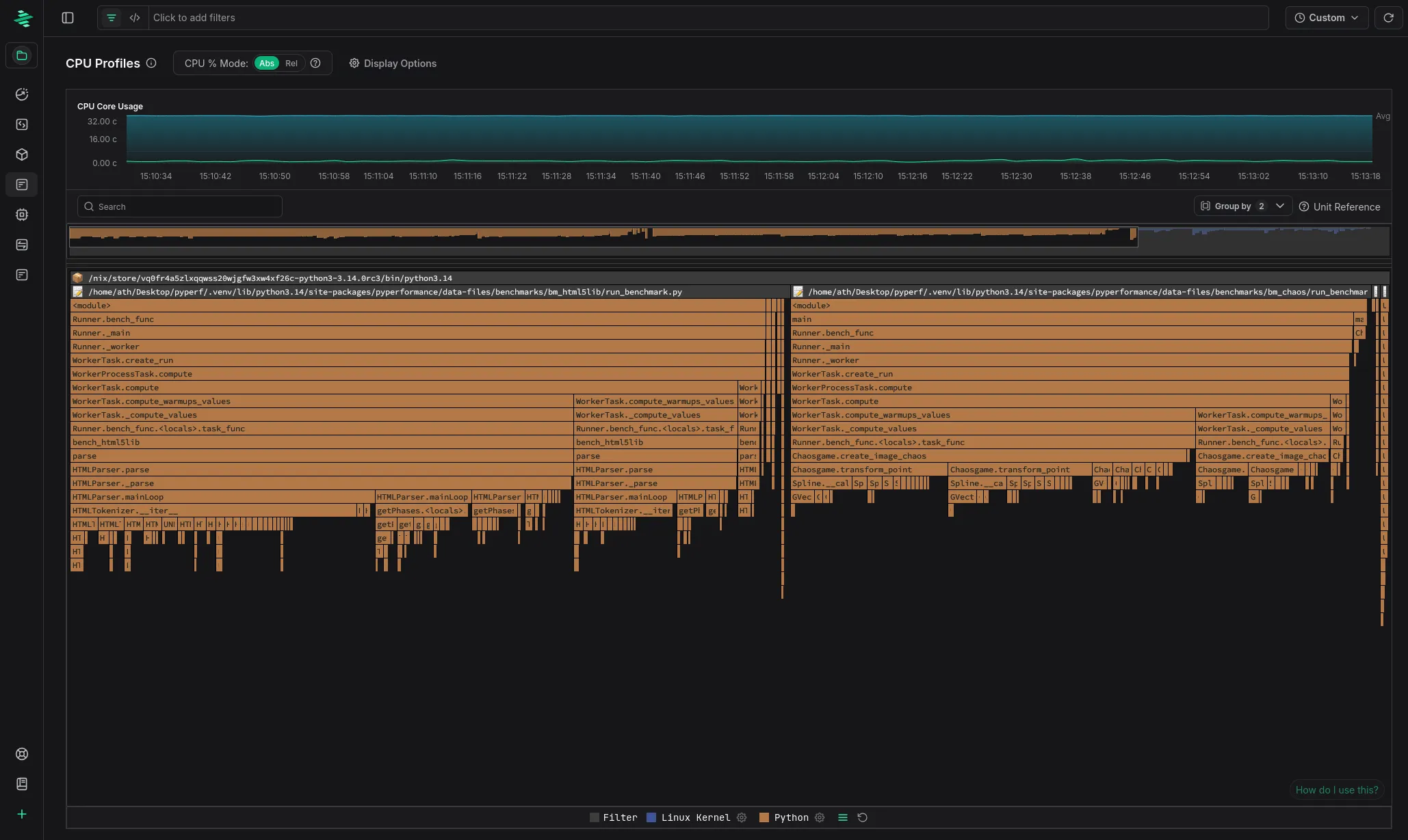 Flamegraph of Python 3.14 running the pyperformance benchmark suite